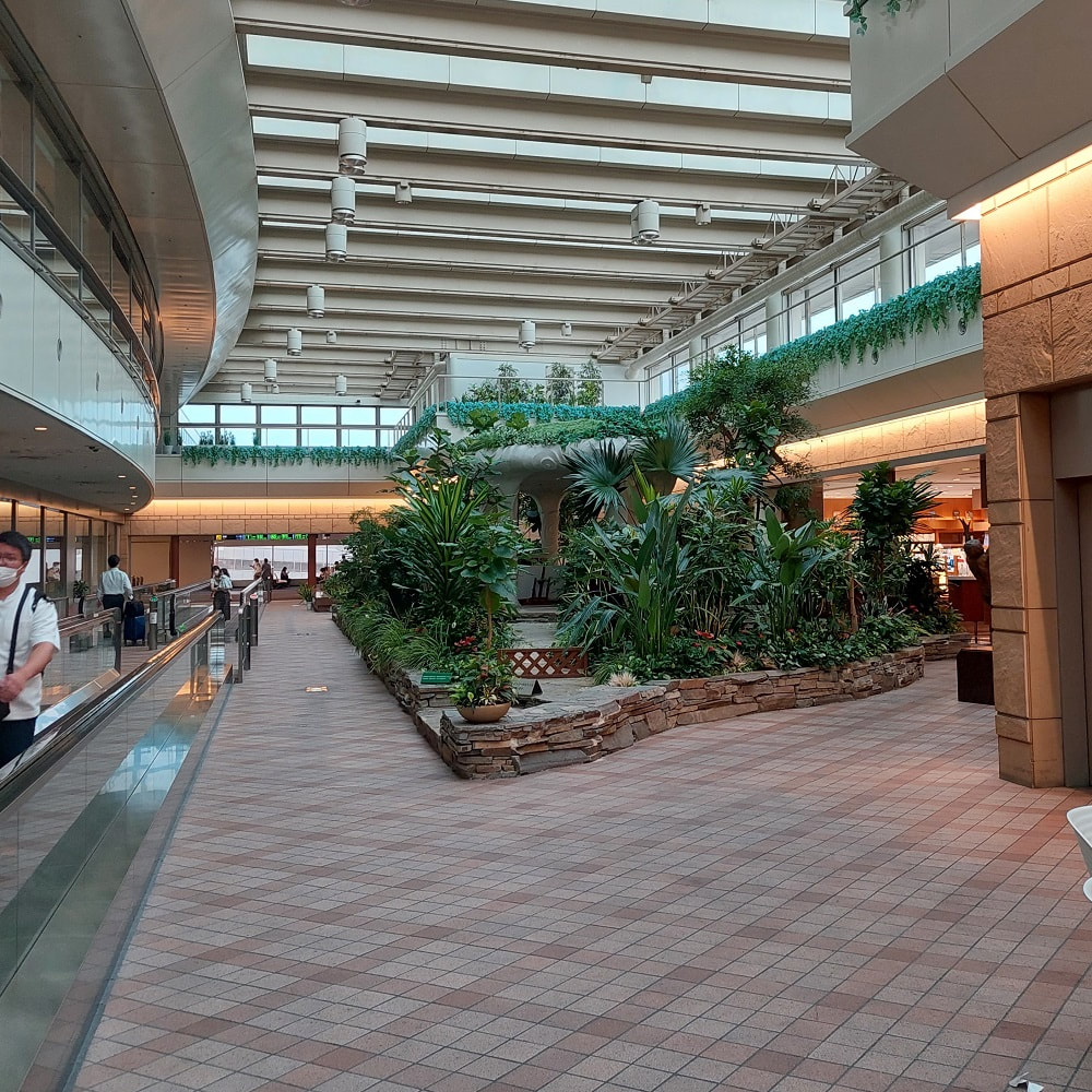 Hanedan lentokentältä löytyvä pieni puutarha ja avaraa aulatilaa sen ympärillä.