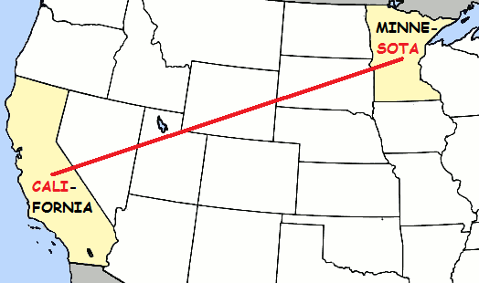 Kalifornian ja Minnesotan osavaltioiden sijainnit. Yhdistämällä nimet Carl Barks keksi Calisotan osavaltion, jossa Ankkalinna sijaitsee.