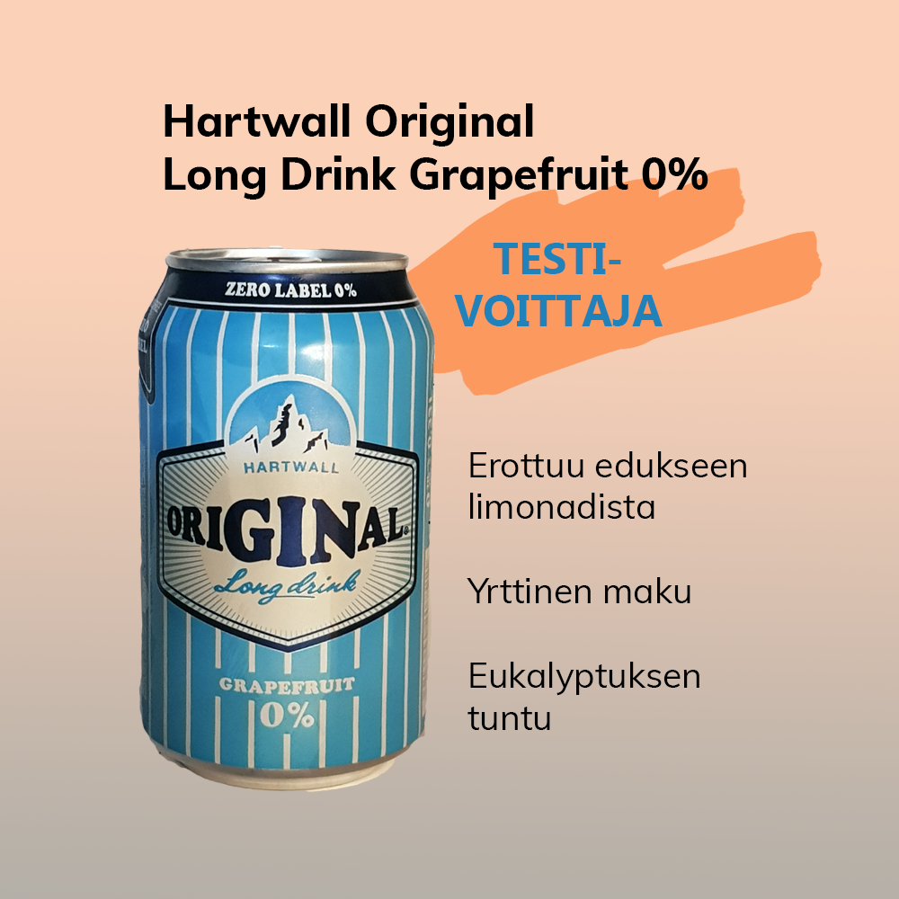Kuva lonkerotölkistä ja tekstiä: Hartwall Original Long Drink 0% oli testivoittaja, erottuu edukseen limonadista, yrttinen maku, eukalyptus. 