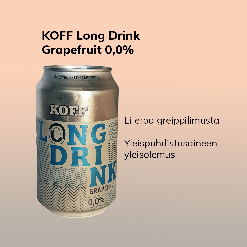 Kuva lonkerotölkistä ja tekstiä: KOFF Long Dring Grapefruit 0,0%, Ei eroa greippilimusta, yleispuhdistusaineen yleisolemus