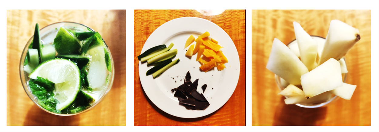 Kuvakollaasi, jossa vasemmalla on ylhäältä kuvattu mojitolasillinen. Keskellä on lautanen, jossa on tarkasti ja väljästi aseteltuina kurkkutikut, suklaa, juusto ja mango. Oikealla on lasi, jossa on päärynätikkuja.
