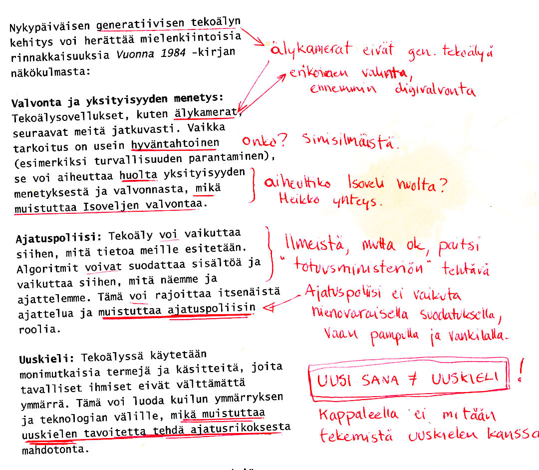 Tekoälyn generoima onneton tekstinpätkä Orwellin Vuonna 1984 -kirjan ja tekoälyn yhteyksistä.