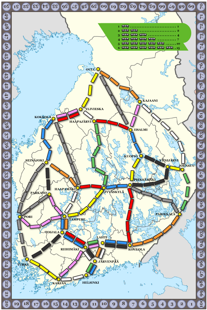 Suomen rautatieverkosto Menolippu-lautapelin kartan tyylisesti esitettynä.