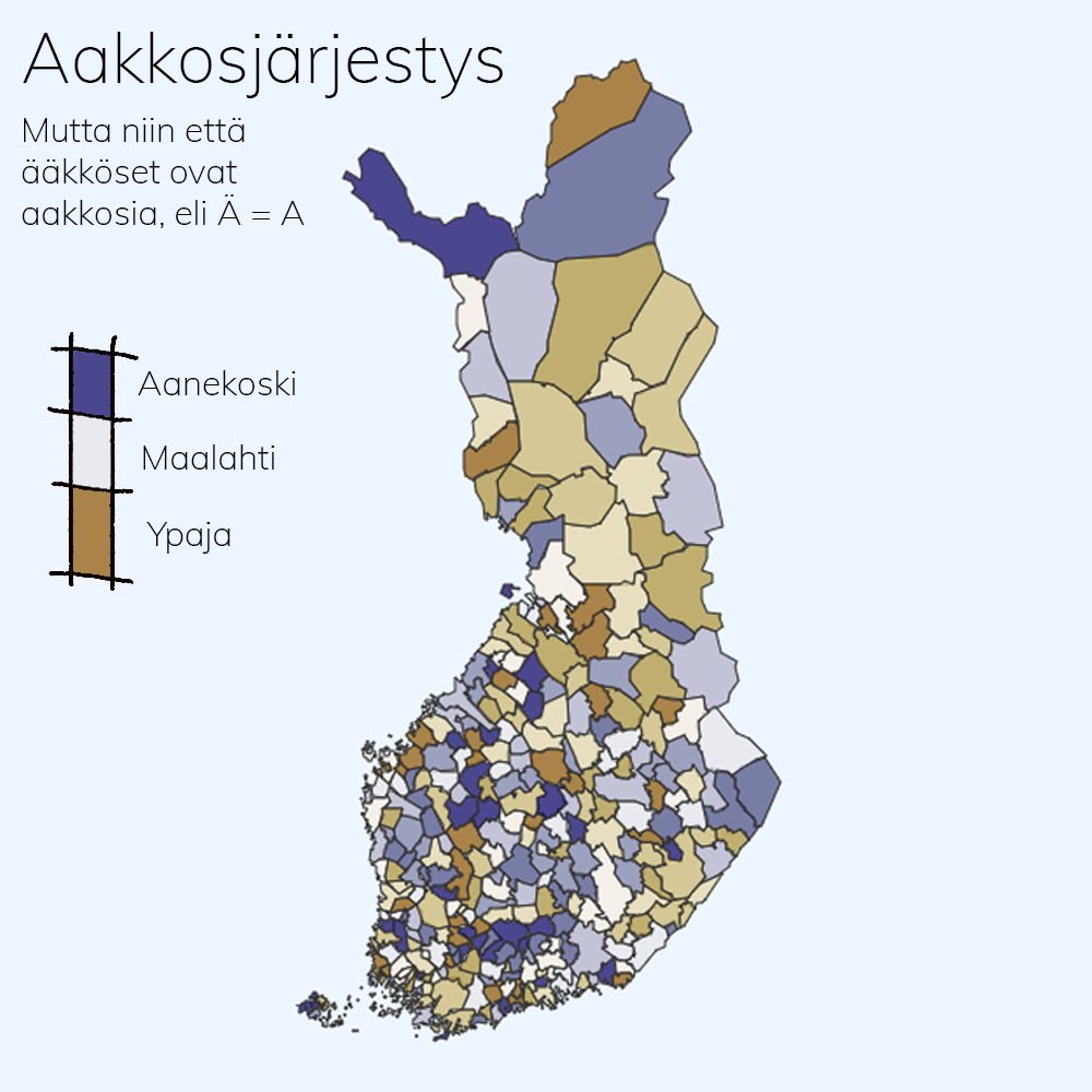 Suomen kartta, jossa Suomen kunnat on väritetty eri väreillä sen mukaan, millä alkukirjaimella ne alkavat.