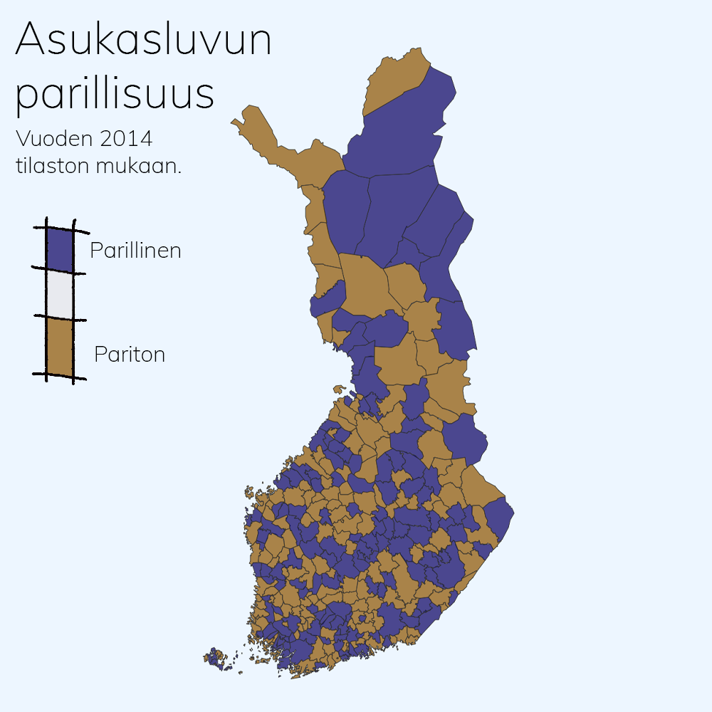 Suomen kartta, jossa Suomen kunnat on väritetty asukasluvun parillisuuden mukaan eri värisiksi.