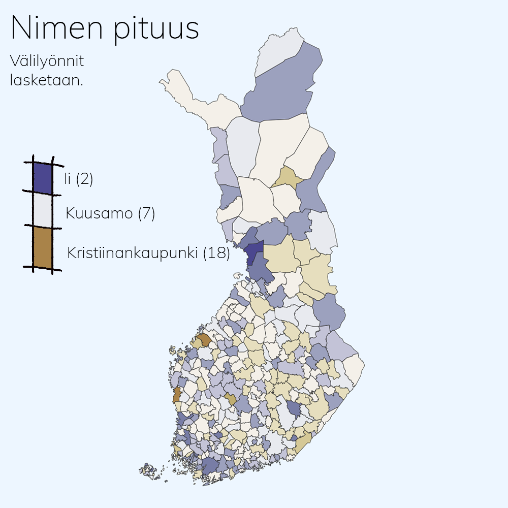 Suomen kartta, jossa Suomen kunnat on väritetty eri väreillä kunnan nimen pituuden mukaan. Lyhin on Ii, jonka nimessä on 2 kirjainta. Pisin on Kristiinankaupunki 18 kirjaimella.