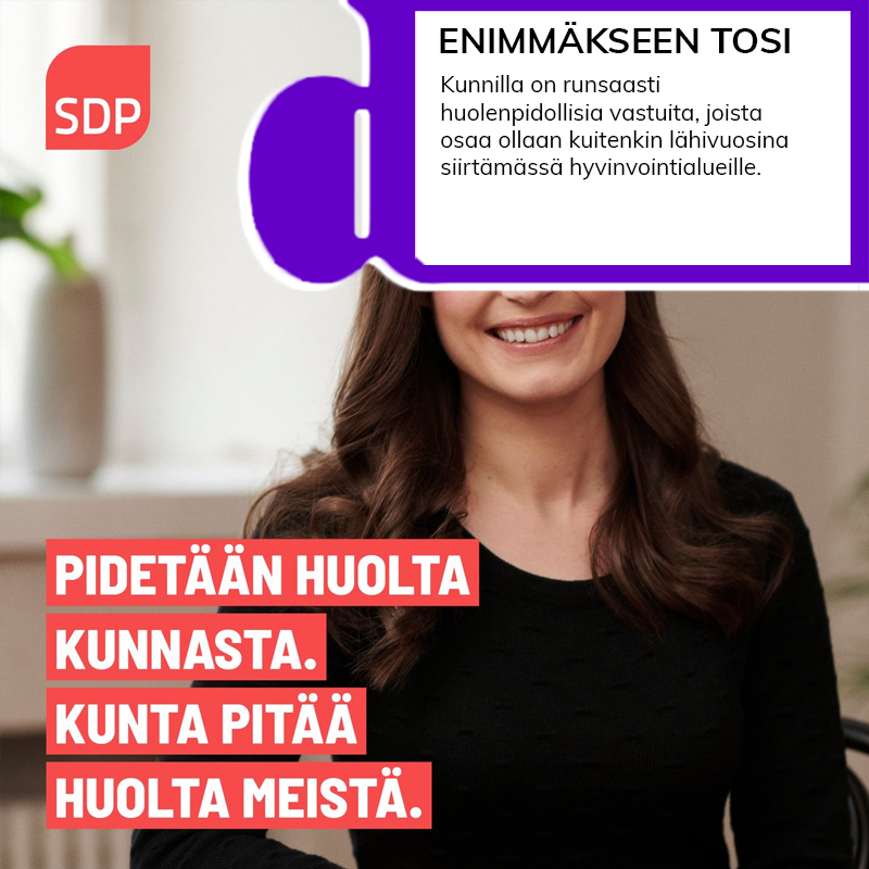 SDP:n vaalimainos, jossa kuva hymyilevästä Sanna Marinista ja teksti 